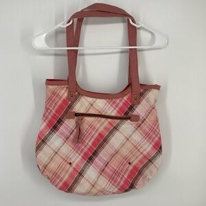 L.E.I Tote Hand Bag Purse 100% Cotton Exterior Lined Pink Plaid 16.5" x 14" x 2"